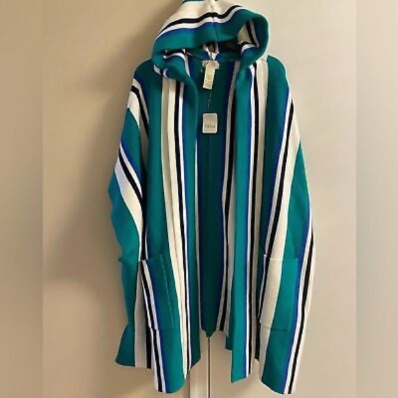 Free People One Size Poncho Striped Hooded Open Knit Kimono Pockets Green White - Picture 3 of 16